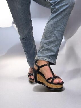 Prada Cork Wedge Sandals Black Patent Leather T-Strap Size 39